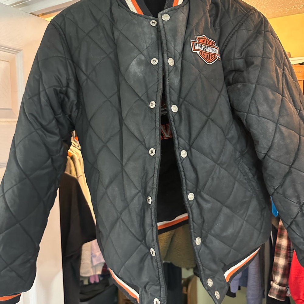 Harley-Davidson Black Quilted Varsity Jacket with Orange Trim